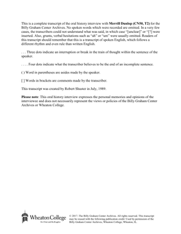 This Is a Complete Transcript of the Oral History Interview with Merrill Dunlop (CN50, T2) for the Billy Graham Center Archives