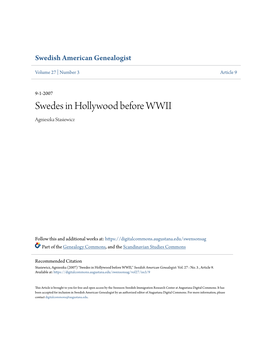 Swedes in Hollywood Before WWII Agnieszka Stasiewicz