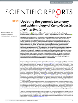 Updating the Genomic Taxonomy and Epidemiology of Campylobacter Hyointestinalis Received: 3 October 2017 David A