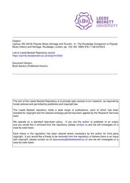 Citation: Lashua, BD (2018) Popular Music Heritage and Tourism. In: the Routledge Companion to Popular Music History and Heritage