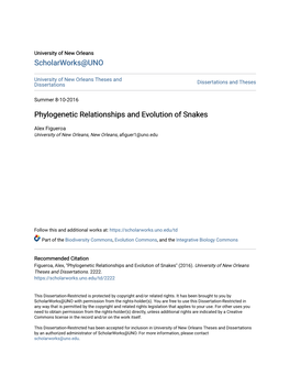 Phylogenetic Relationships and Evolution of Snakes