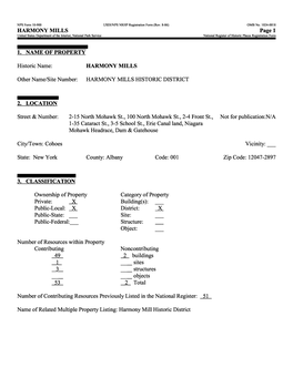 HARMONY MILLS Page 1 United States Department of the Interior, National Park Service National Register of Historic Places Registration Form