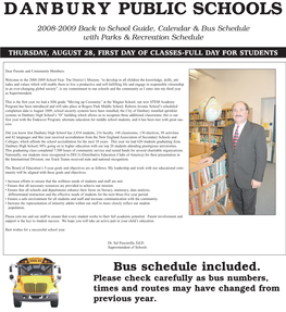 DANBURY PUBLIC SCHOOLS 2008-2009 Back to School Guide, Calendar & Bus Schedule with Parks & Recreation Schedule