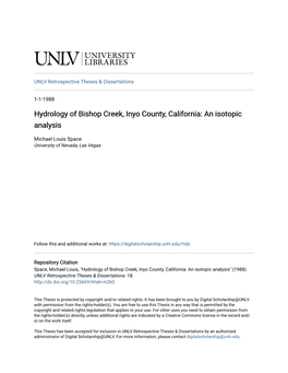 Hydrology of Bishop Creek, Inyo County, California: an Isotopic Analysis