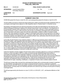 House of Representatives Final Bill Analysis Summary Analysis