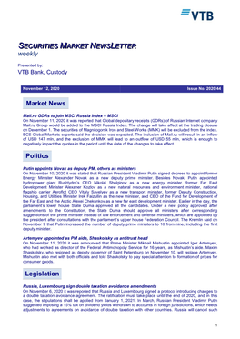 Market News Politics Legislation SECURITIES MARKET NEWS LETTER Weekly