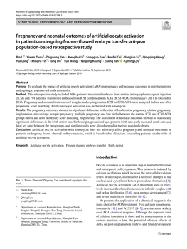 Pregnancy and Neonatal Outcomes of Artificial Oocyte Activation in Patients Undergoing Frozen–Thawed Embryo Transfer: a 6-Year