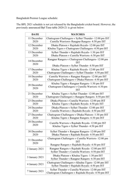 Bangladesh Premier League Schedule