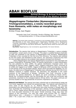 Hymenoptera: Trichogrammatidae), a Newly Recorded Genus from Romania, with Notes on Morphology and Taxonomy Emilian Pricop, Ioan Moglan