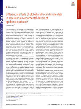 Differential Effects of Global and Local Climate Data in Assessing Environmental Drivers of COMMENTARY Epidemic Outbreaks Timothy Brooka,1