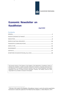 Economic Newsletter on Kazakhstan Appears Every Month and Is Distributed by E-Mail