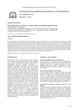 Phytochemical Activity of Aerial Parts of Cordia Obliqua Willd