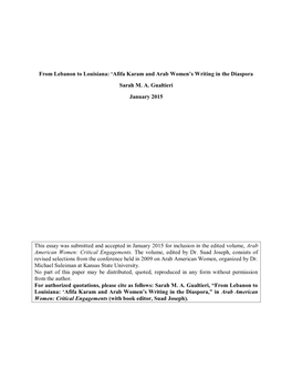 From Lebanon to Louisiana: 'Afifa Karam and Arab Women's Writing in the Diaspora Sarah M. A. Gualtieri January 2015 This