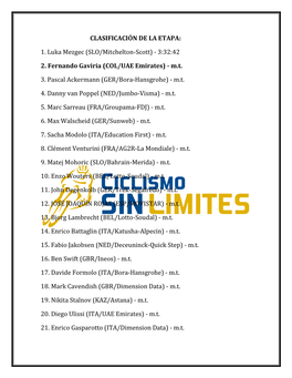 CLASIFICACIÓN DE LA ETAPA: 1. Luka Mezgec (SLO/Mitchelton