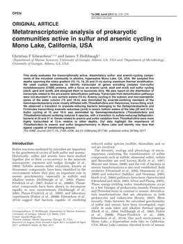 Metatranscriptomic Analysis of Prokaryotic Communities Active in Sulfur and Arsenic Cycling in Mono Lake, California, USA