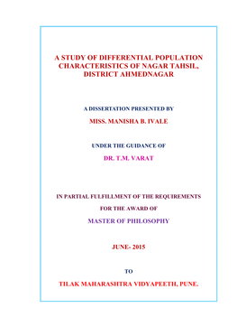 A Study of Differential Population Characteristics of Nagar Tahsil, District Ahmednagar