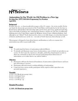 Antisemitism in Our World: an Old Problem in a New Age by Adam Roe, NFTY 2003-2004 Programming Vice President April 2004