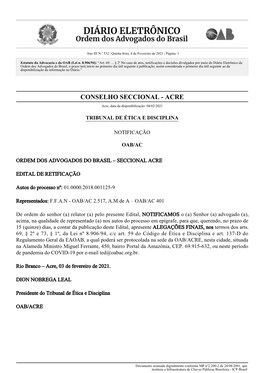 CONSELHO SECCIONAL - ACRE Acre, Data Da Disponibilização: 04/02/2021