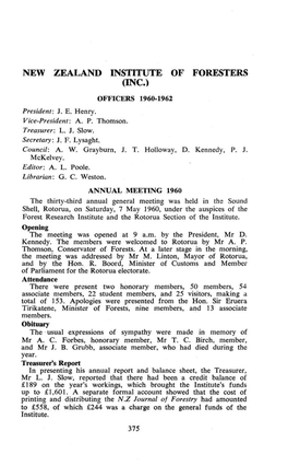 NEW ZEALAND INSTITUTE of FORESTERS (INC.) OFFICERS 1960-1962 President: J