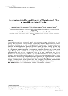 Investigation of the Flora and Diversity of Phytoplanktonic Algae in Yamchi Dam, Ardabil Province