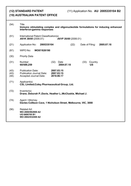 (12) STANDARD PATENT (11) Application No. AU 2005335104 B2 (19) AUSTRALIAN PATENT OFFICE