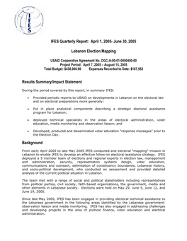 June 30, 2005 Lebanon Election Mapping Results Summary