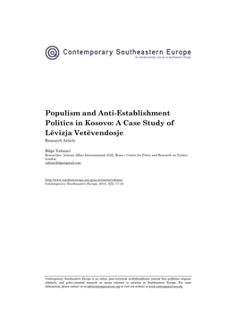 Populism and Anti-Establishment Politics in Kosovo: a Case Study of Lëvizja Vetëvendosje Research Article