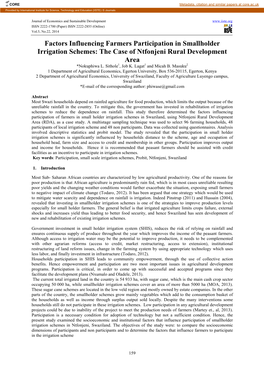 Factors Influencing Farmers Participation in Smallholder Irrigation Schemes: the Case of Ntfonjeni Rural Development Area *Nokuphiwa L