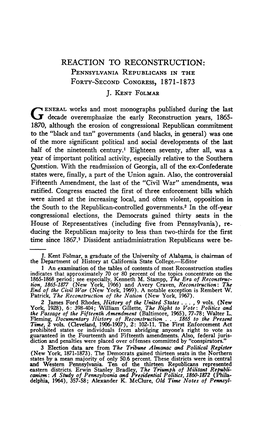 REACTION to RECONSTRUCTION: Pennsylvania Republicans in the Forty-Second Congress, 1871-1873 J