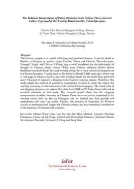 The Religious Interpretation of Ethnic Harmony in the Chinese Three-Ancestor Culture Expressed in the Worship Rituals Held by Weixin Shengjiao