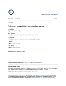 Preliminary Index of Utah Vascular Plant Names