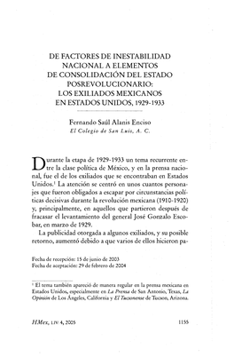 De Factores De Inestabilidad Nacional a Elementos De Consolidación Del Estado Posrevolucionario: Los Exiliados Mexicanos En Estados Unidos, 1929-1933