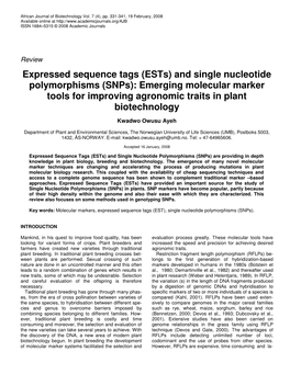 Expressed Sequence Tags (Ests) and Single Nucleotide Polymorphisms (Snps): Emerging Molecular Marker Tools for Improving Agronomic Traits in Plant Biotechnology