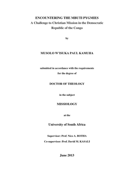 ENCOUNTERING the MBUTI PYGMIES a Challenge to Christian Mission in the Democratic Republic of the Congo