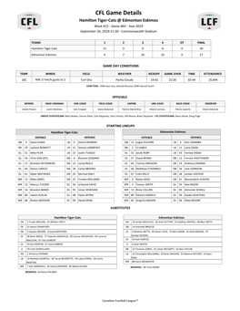 CFL Game Details Hamilton Tiger-Cats @ Edmonton Eskimos Week #15 - Game #64 - Year 2019 September 20, 2019-21:30 - Commonwealth Stadium