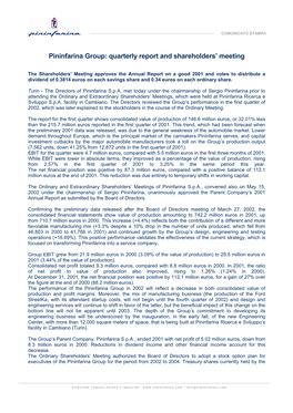 Pininfarina Group: Quarterly Report and Shareholders' Meeting