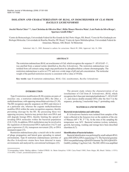 Isolation and Characterization of Bliai, an Isoschizomer of Clai from Bacillus Licheniformis