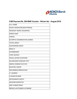 3 Bill Payment Rs. 250 BMS Voucher - Winner List – August 2019