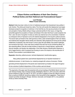 Citizen-Victims and Masters of Their Own Destiny: Political Exiles and Their National and Transnational Impact *