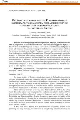 Xtreme Head Morphology in Plastotephritinae (Diptera, Platystomatidae), with a Proposition of Classification of Head Structures in Acalyptrate Diptera