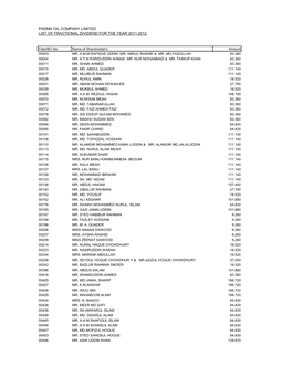 Padma Oil Company Limited List of Fractional Dividend for the Year 2011-2012