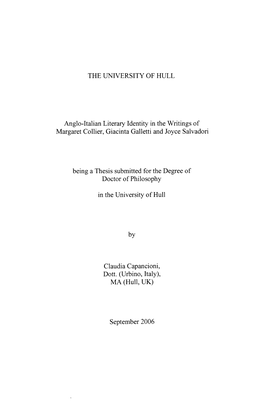 THE UNIVERSITY of HULL Anglo-Italian Literary Identity in The