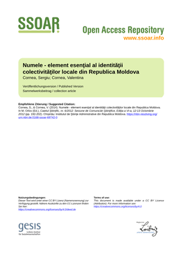 Numele - Element Esenţial Al Identităţii Colectivităţilor Locale Din Republica Moldova Cornea, Sergiu; Cornea, Valentina