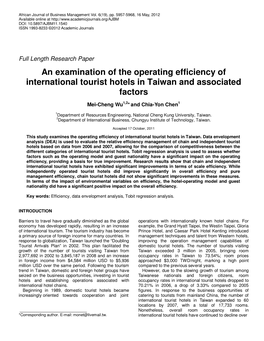 An Examination of the Operating Efficiency of International Tourist Hotels in Taiwan and Associated Factors