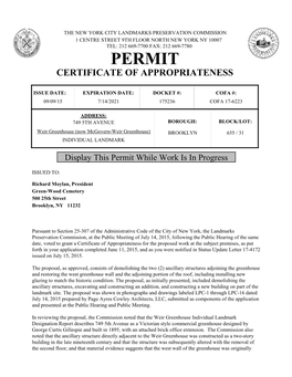 Permit Certificate of Appropriateness