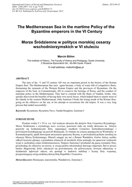 The Mediterranean Sea in the Martime Policy of the Byzantine Emperors in the VI Century