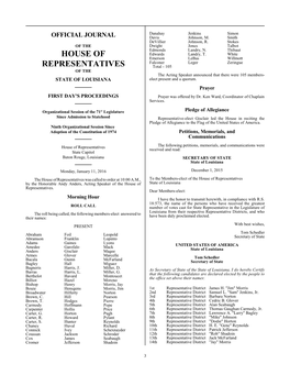 LOUISIANA HOUSE of REPRESENTATIVES Office of the Clerk January 4, 2016 To: All Members of the House of Representatives From: Alfred W