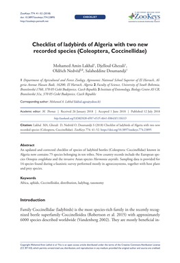 Coleoptera, Coccinellidae) 41 Doi: 10.3897/Zookeys.774.23895 CHECKLIST Launched to Accelerate Biodiversity Research