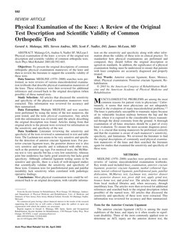 Physical Examination of the Knee: a Review of the Original Test Description and Scientiﬁc Validity of Common Orthopedic Tests Gerard A