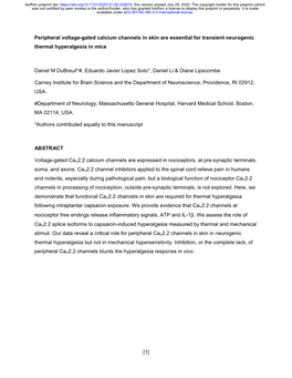 Peripheral Voltage-Gated Calcium Channels in Skin Are Essential for Transient Neurogenic Thermal Hyperalgesia in Mice
